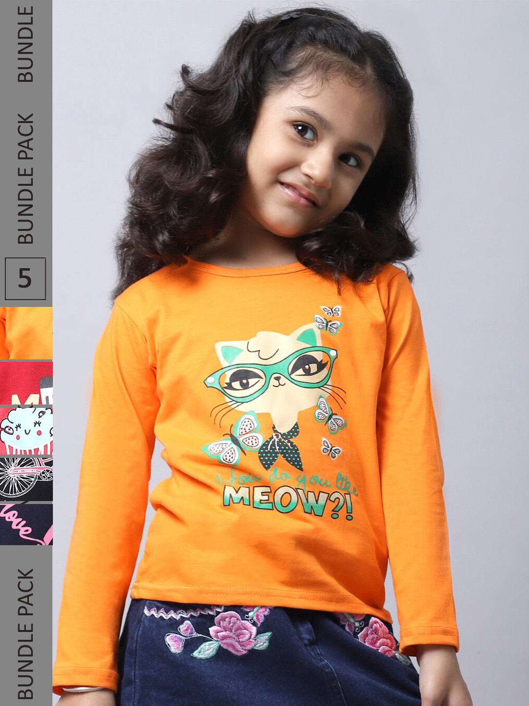 

BAESD Girls Pack Of 5 Graphic Printed Long Sleeve Pure Cotton T-shirt, Orange