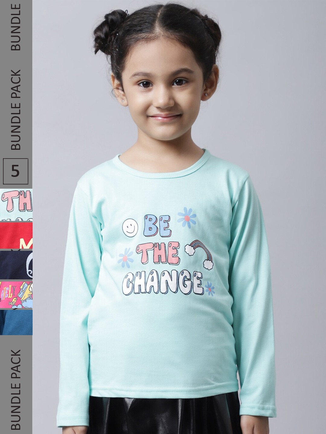 

BAESD Girls Pack Of 5 Graphic Printed Cotton T-shirts, Turquoise blue