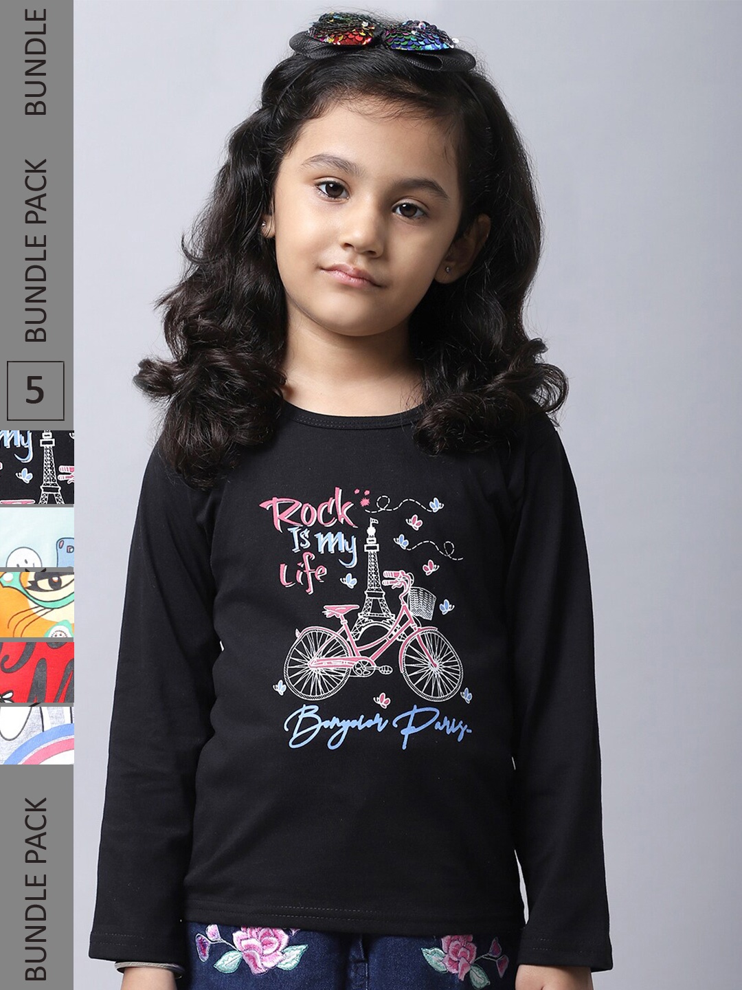 

BAESD Girls Pack Of 5 Graphic Printed Cotton T-shirts, Black