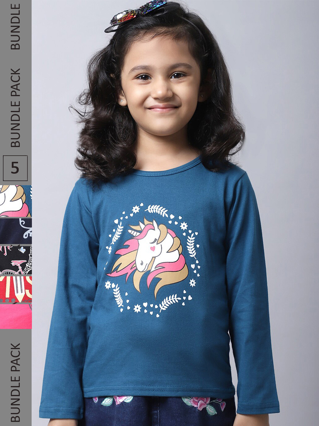 

BAESD Girls Pack Of 5 Graphic Printed Cotton T-shirts, Teal