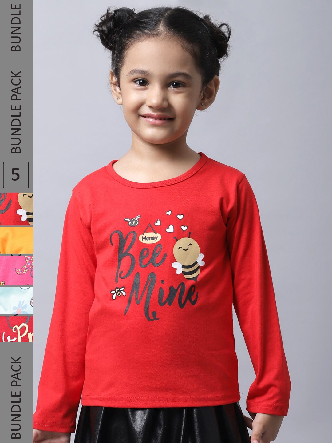 

BAESD Girls Pack Of 5 Graphic Printed Long Sleeve Pure Cotton T-shirt, Red