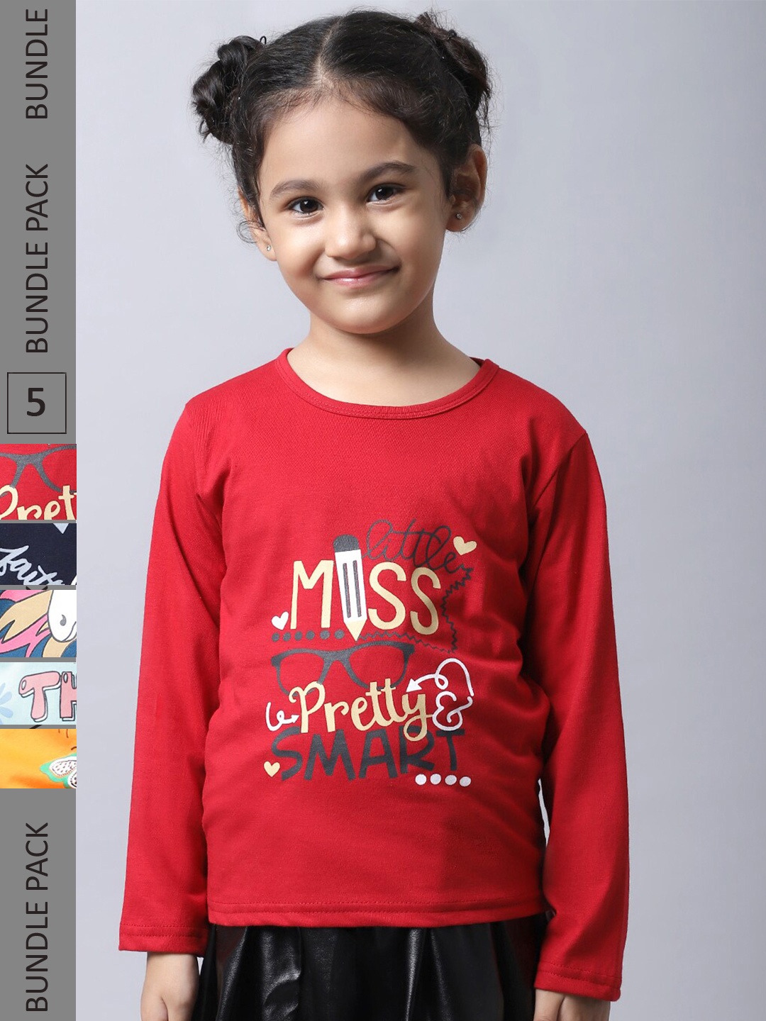 

BAESD Girls Pack Of 5 Typography Printed Long Sleeves Cotton T-shirt, Red
