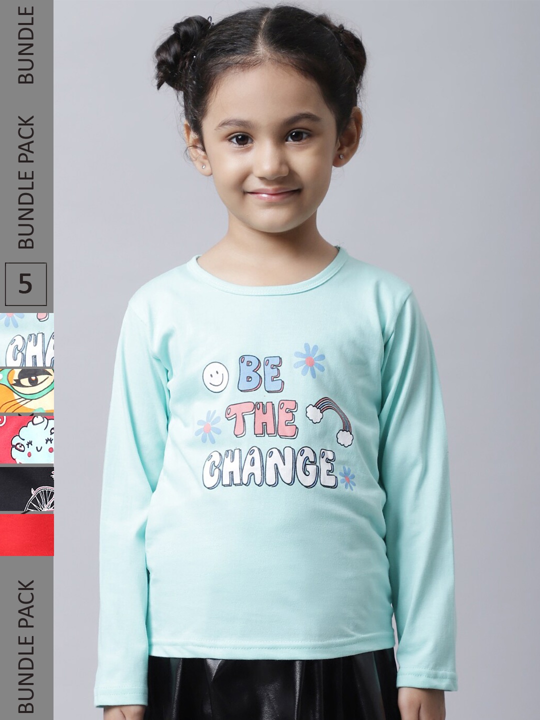 BAESD Girls Multicoloured Typography 5 Printed Applique T-shirt, Multi