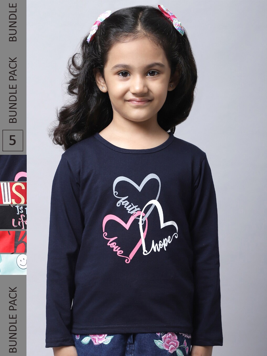 

BAESD Girls Pack of 5 Graphic Printed Cotton T-shirt, Navy blue