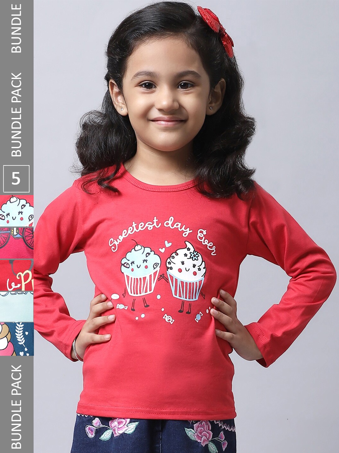 

BAESD Girls Pack Of 5 Typography Printed Long Sleeves Cotton T-shirt, Red