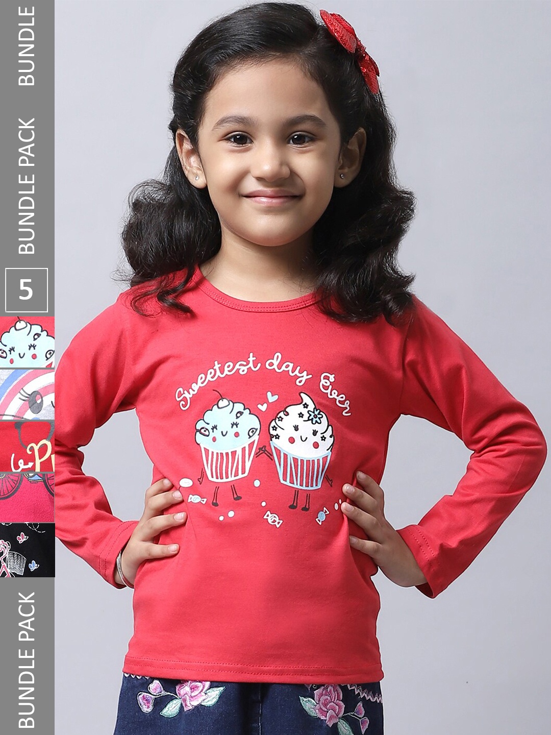 

BAESD Girls Pack Of 5 Printed Cotton T-shirts, Red