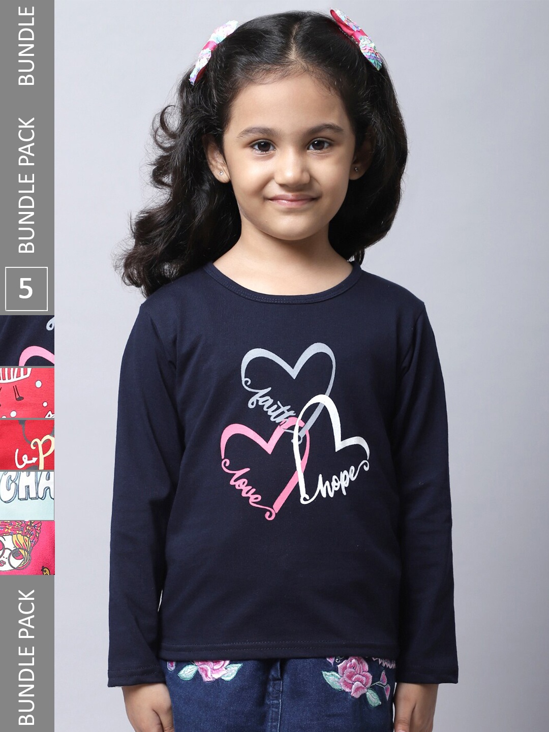 

BAESD Girls Pack of 5 Graphic Printed Cotton T-shirts, Navy blue