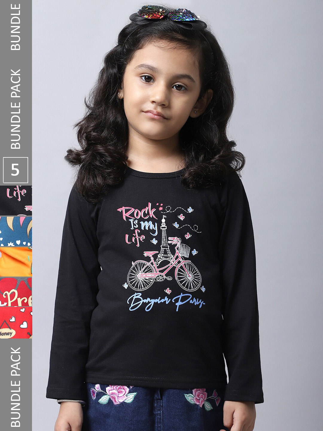

BAESD Girls Pack Of 5 Graphic Printed Cotton T-shirt, Black