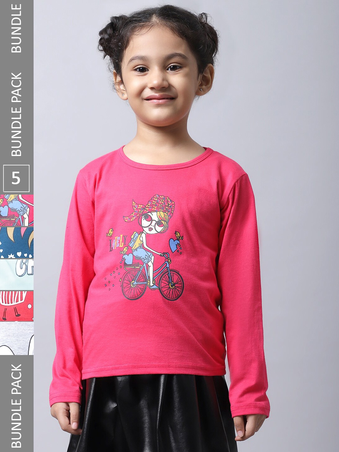 

BAESD Girls Pack Of 5 Graphic Printed Cotton T-shirt, Pink