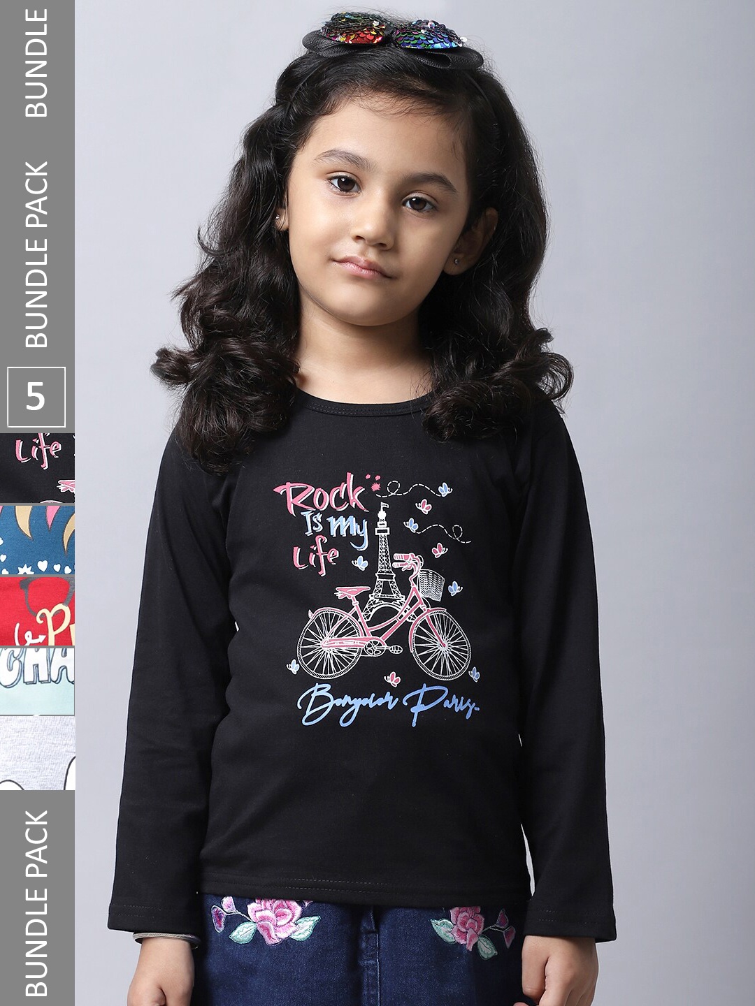 

BAESD Girls Pack Of 5 Graphic Printed Cotton T-shirt, Black