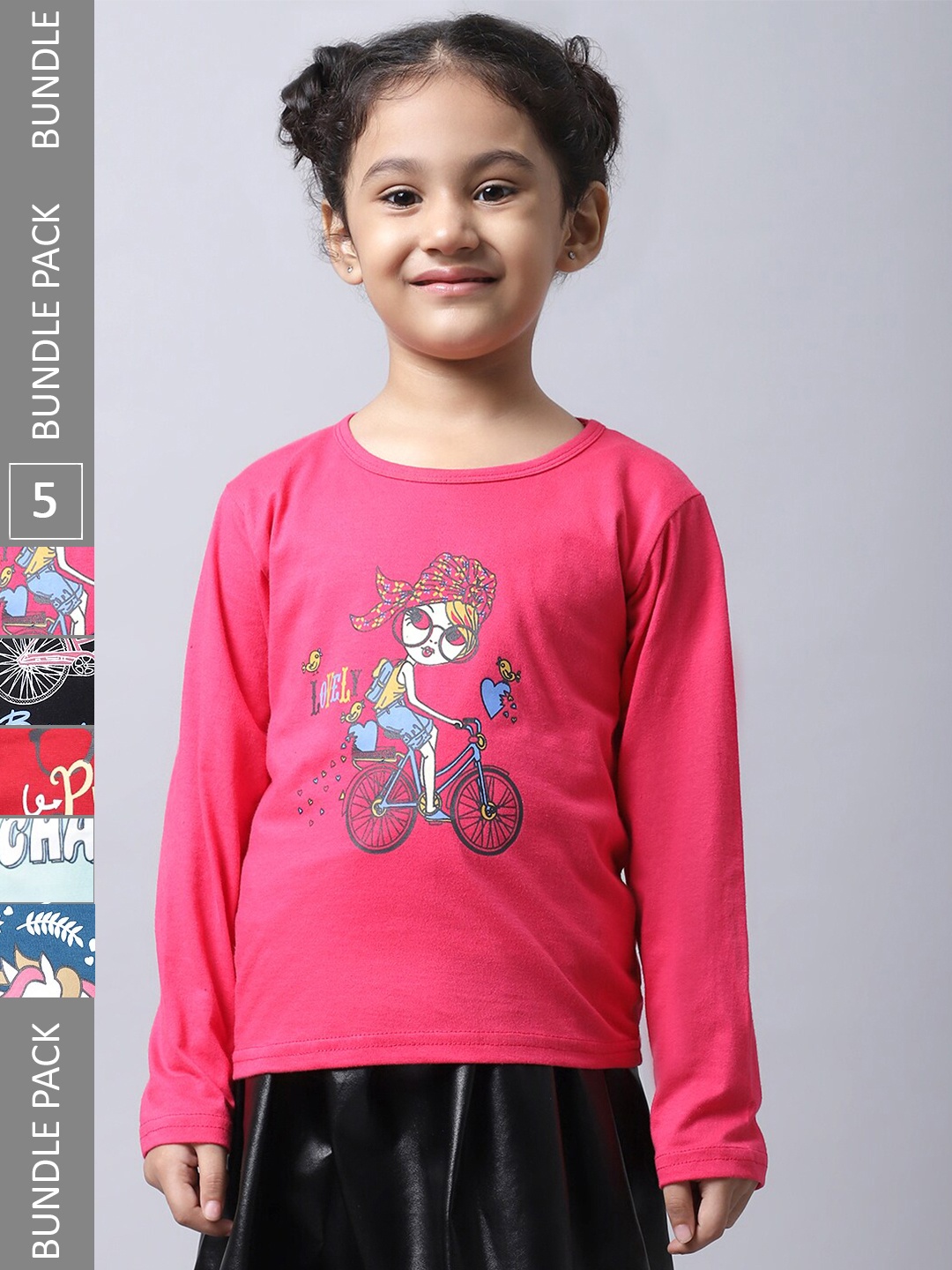 

BAESD Girls Pack Of 5 Graphic Printed Cotton T-shirt, Pink