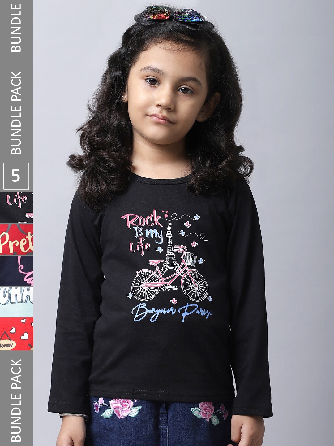 

BAESD Girls Pack of 5 Typography Printed Cotton T-shirts, Black