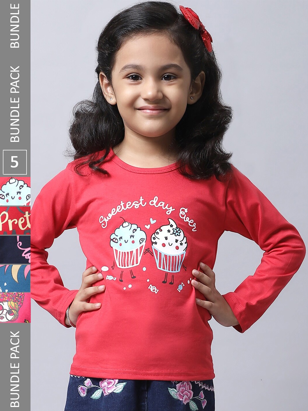 

BAESD Girls Pack Of 5 Graphic Printed Cotton T-shirt, Red