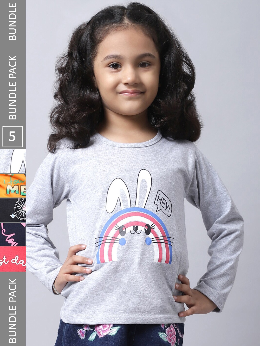 

BAESD Girls Pack Of 5 Graphic Printed Cotton T-shirt, Grey