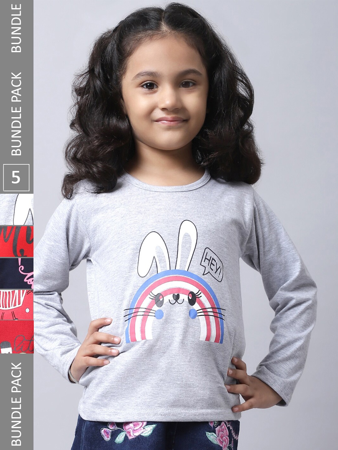 

BAESD Girls Pack Of 5 Printed Round Neck Pure Cotton T-shirt, Grey