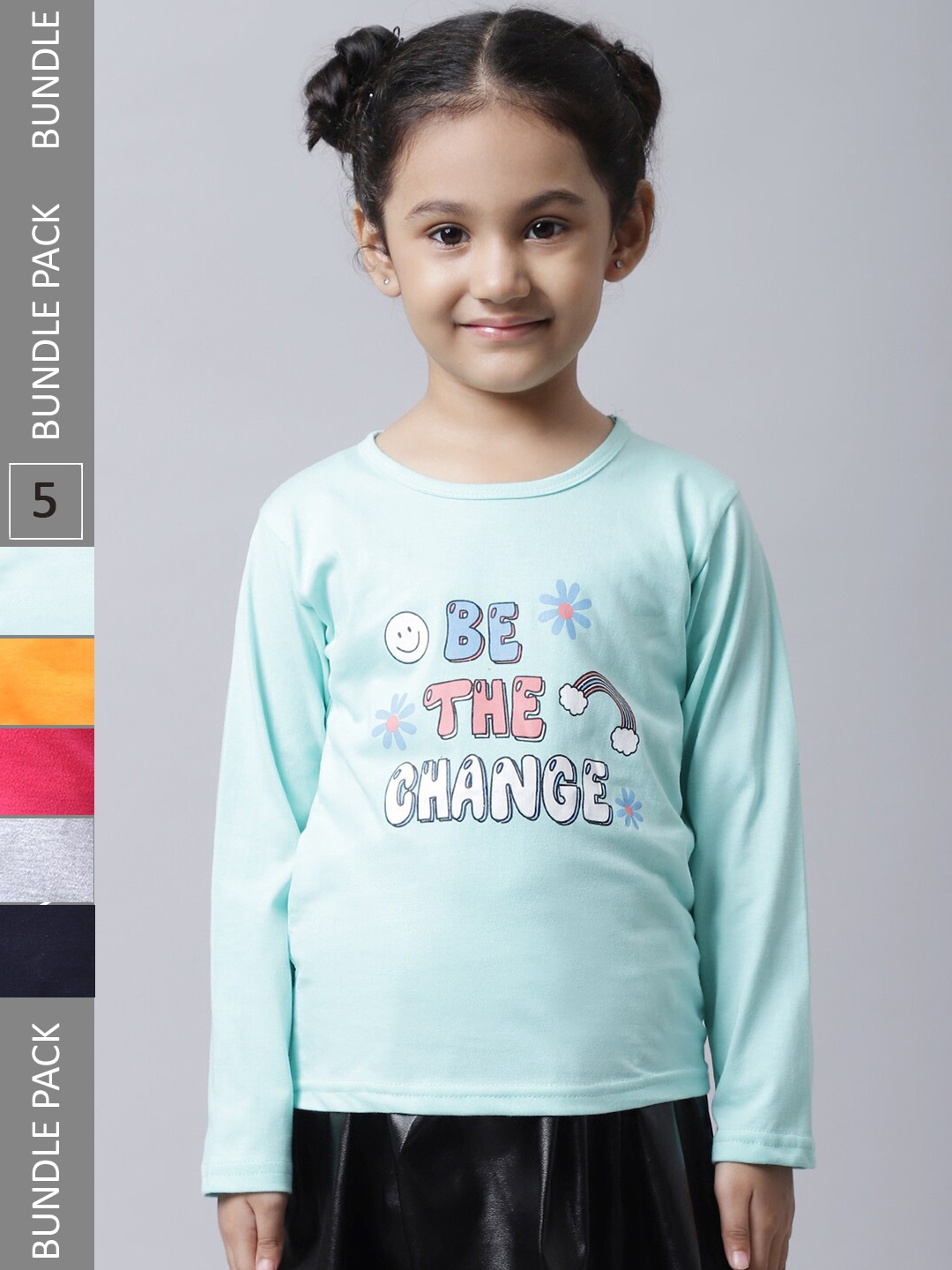 

BAESD Girls Pack Of 5 Graphic Printed Long Sleeve Pure Cotton T-shirt, Sea green