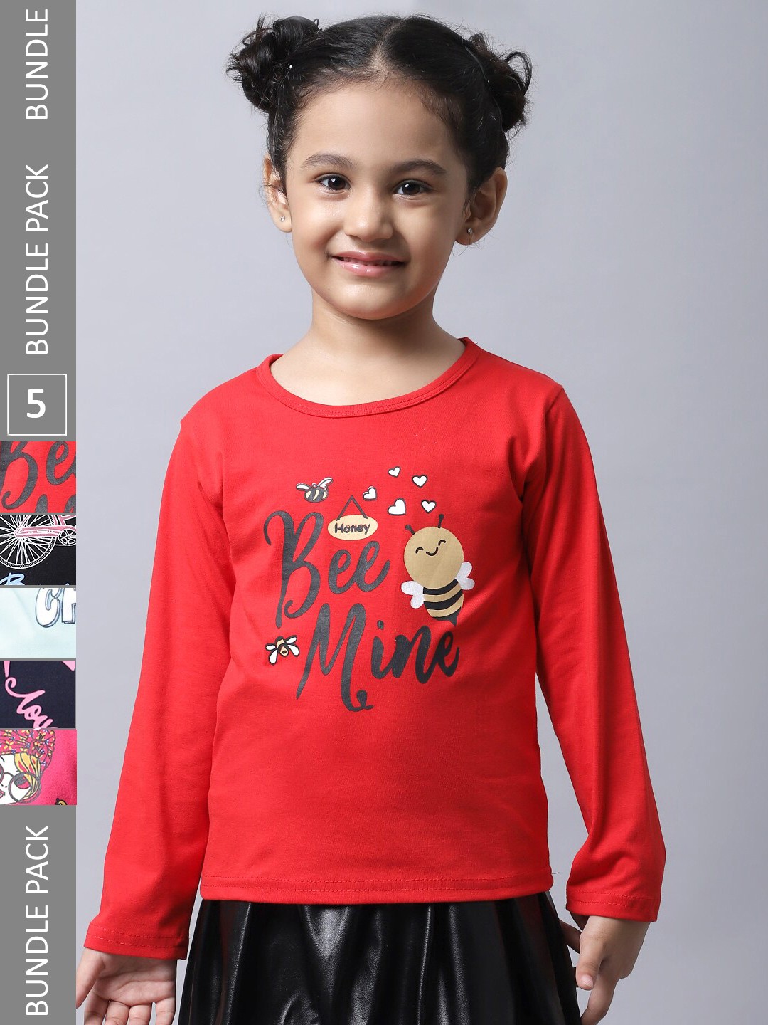 

BAESD Girls Pack Of 5 Graphic Printed Long Sleeve Pure Cotton T-shirt, Red