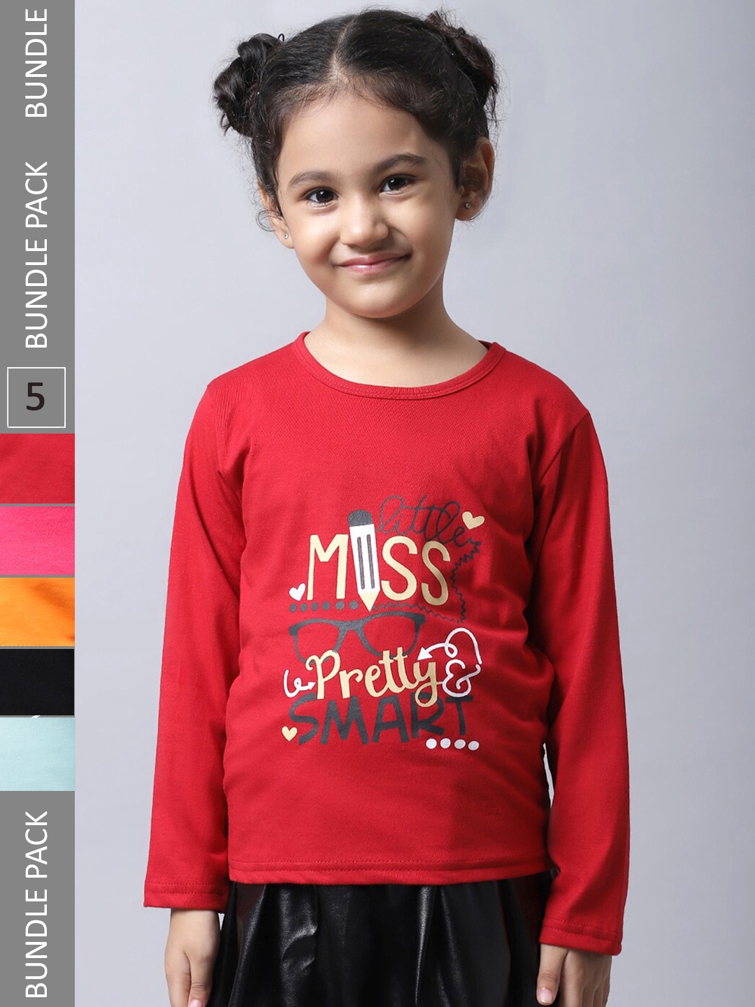 

BAESD Girls Pack of 5 Printed Regular Fit Cotton T-shirt, Red