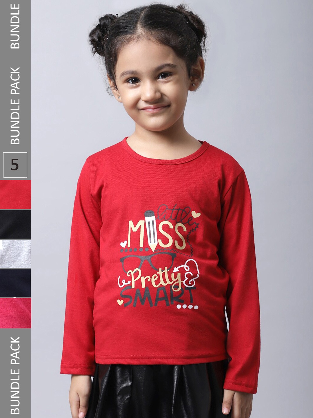 BAESD Girls Pack of 5 Typography Printed Cotton T-shirts, Red