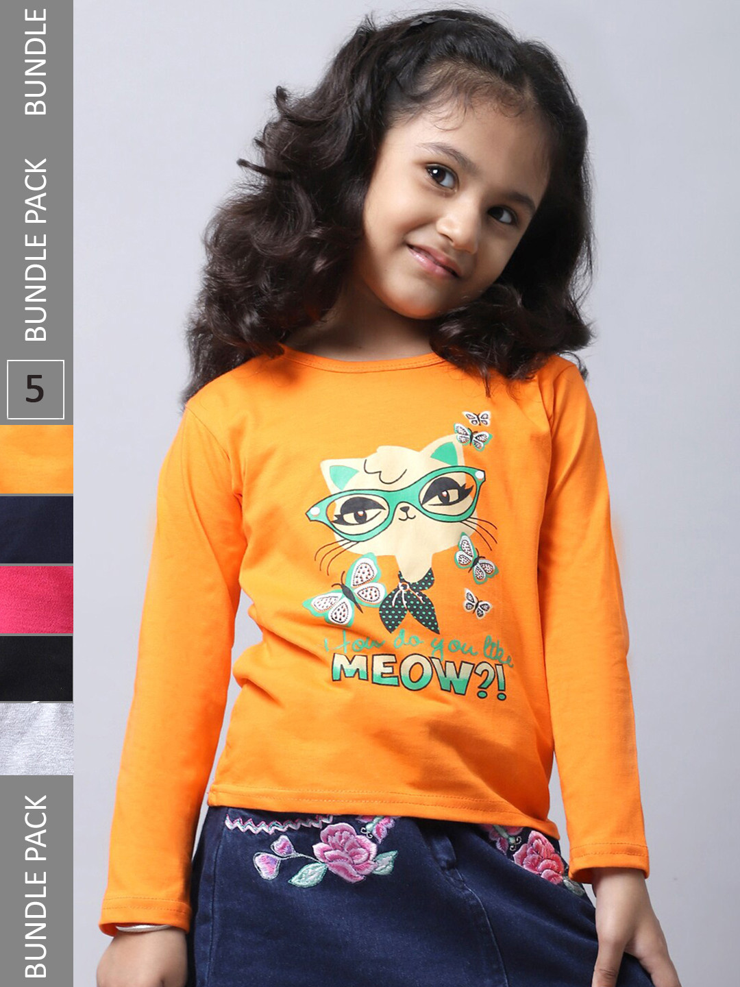 

BAESD Girls Pack Of 5 Graphic Printed Long Sleeves Cotton T-shirt, Yellow