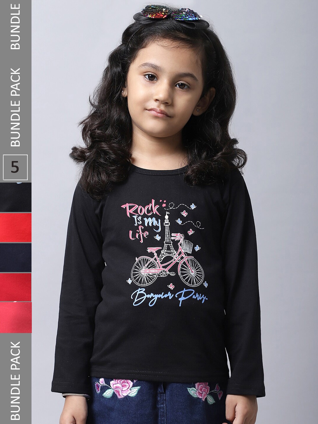 

BAESD Girls Pack Of 5 Typography Printed Long Sleeves Cotton T-shirt, Black
