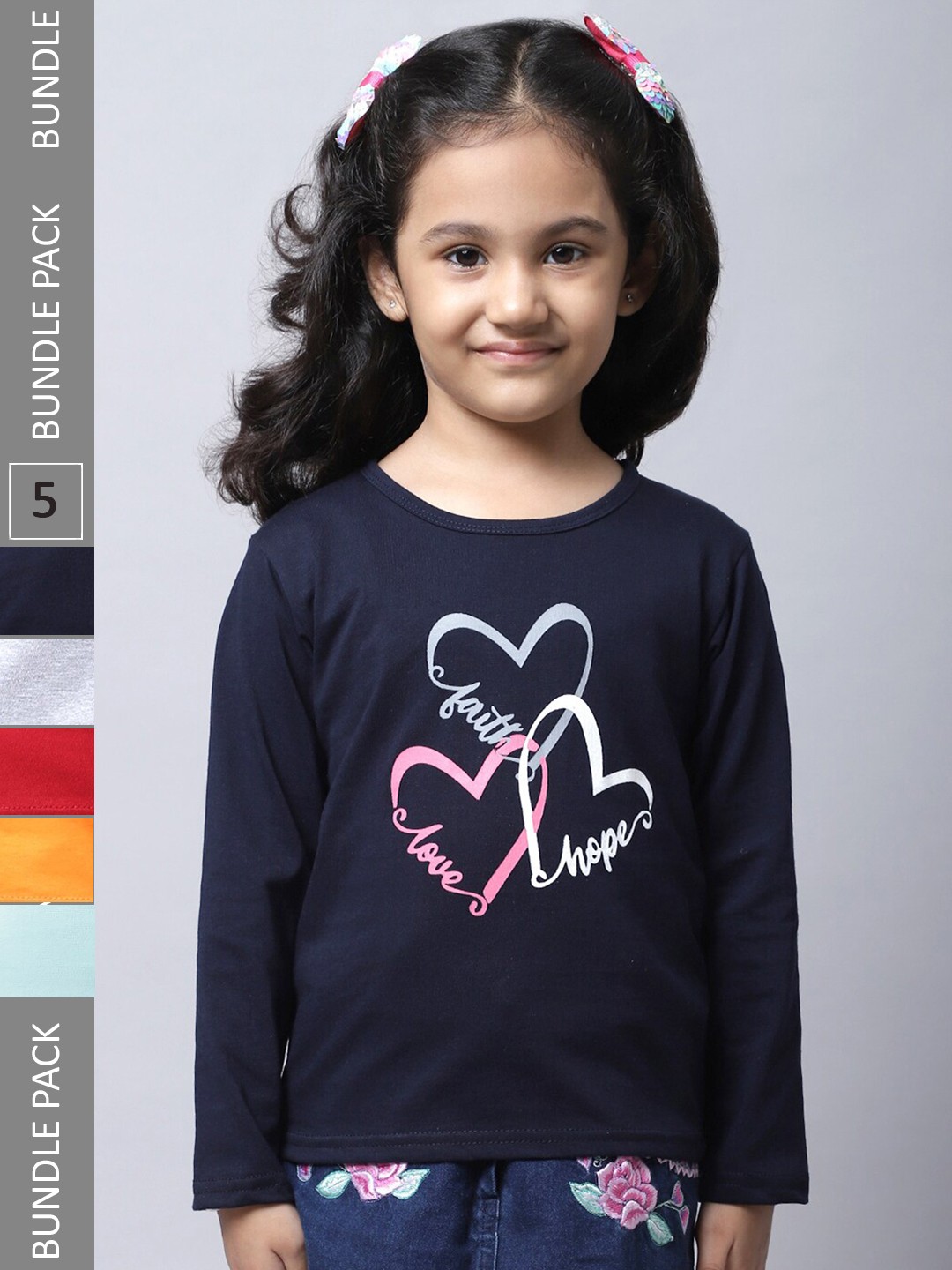 

BAESD Girls Pack Of 5 Graphic Printed Cotton T-shirt, Navy blue