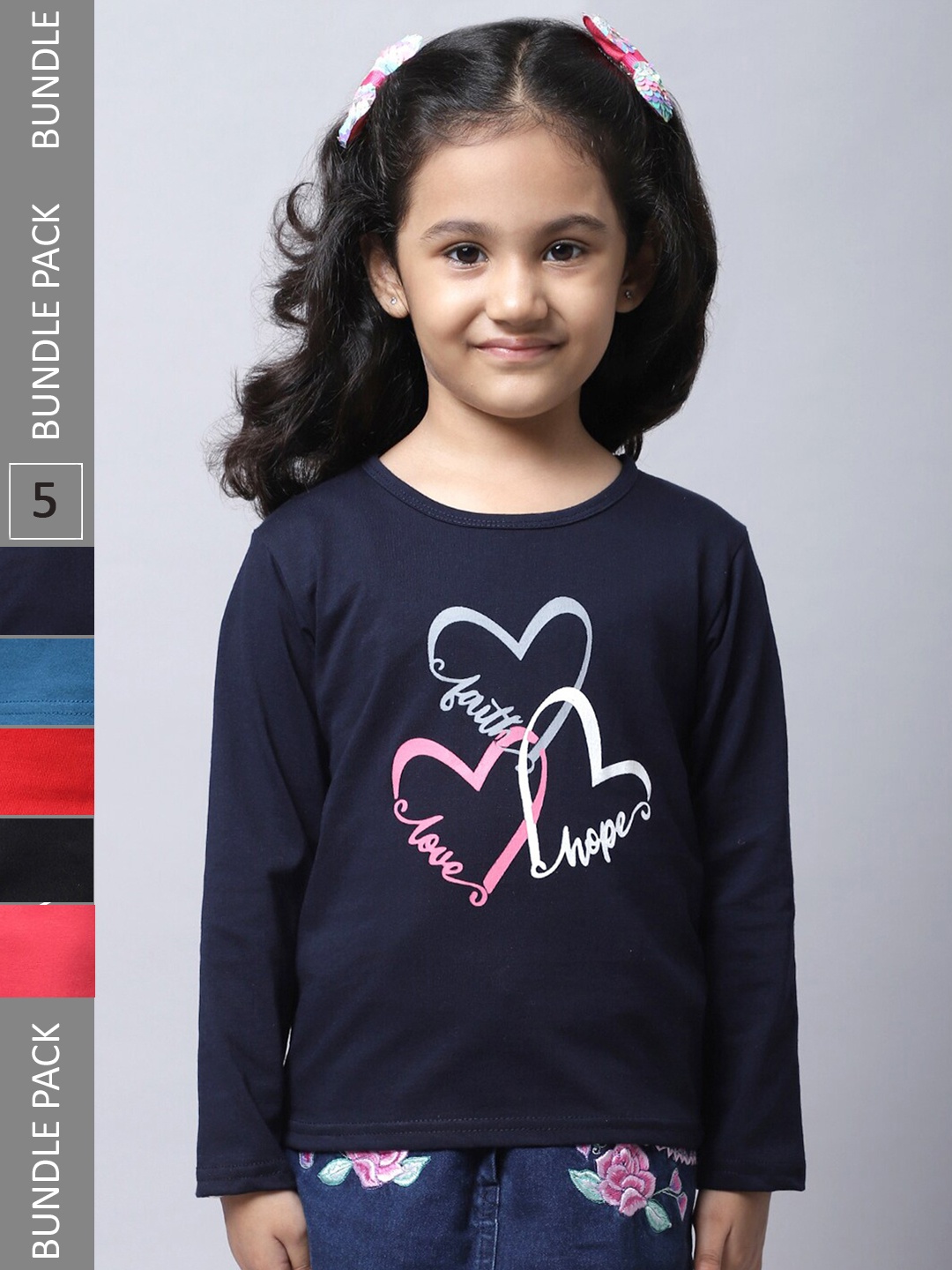 

BAESD Girls Pack Of 5 Graphic Printed Round Neck Cotton Regular T-shirt, Navy blue
