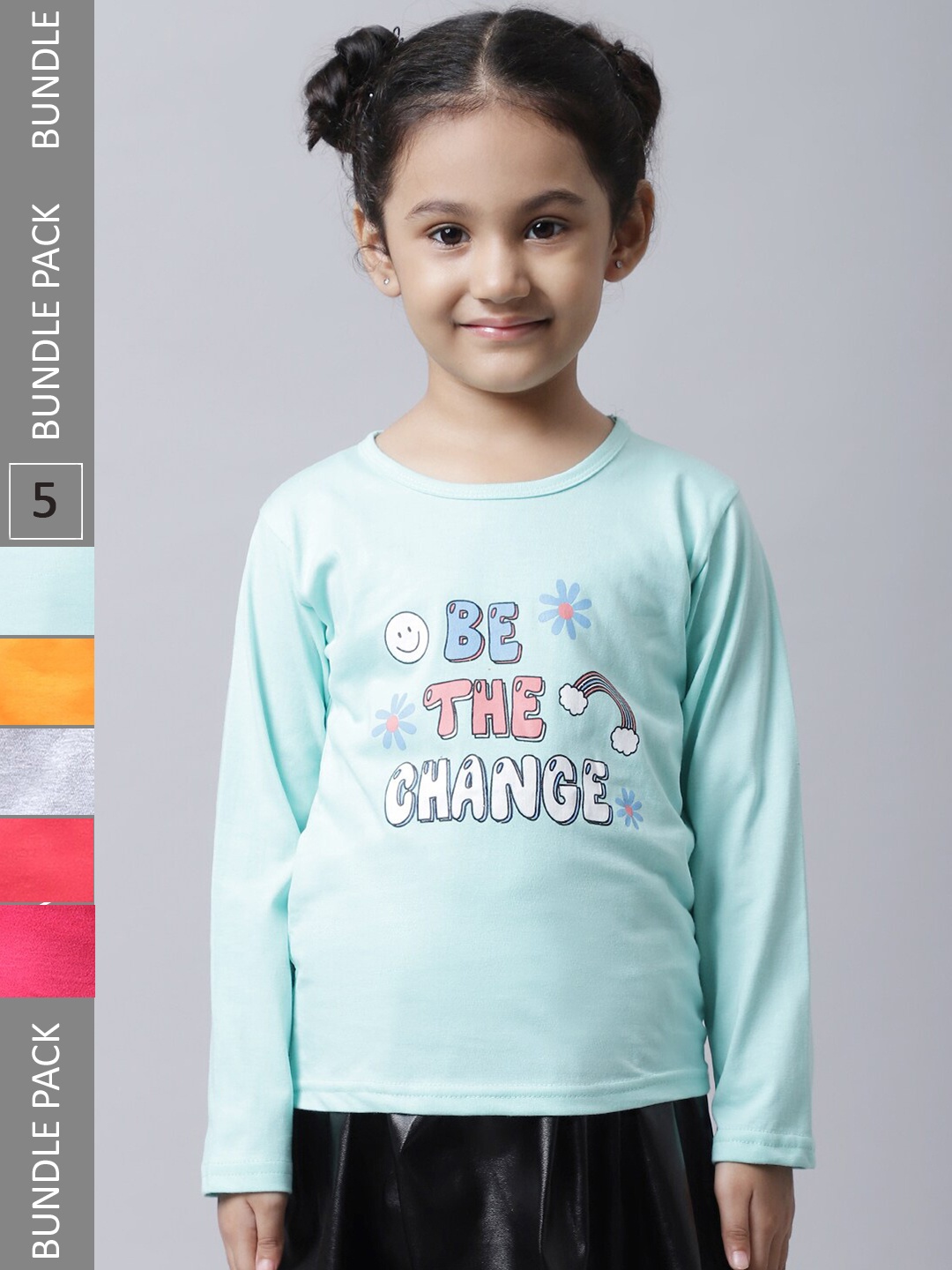 

BAESD Girls Pack Of 5 Graphic Printed Cotton T-shirt, Turquoise blue