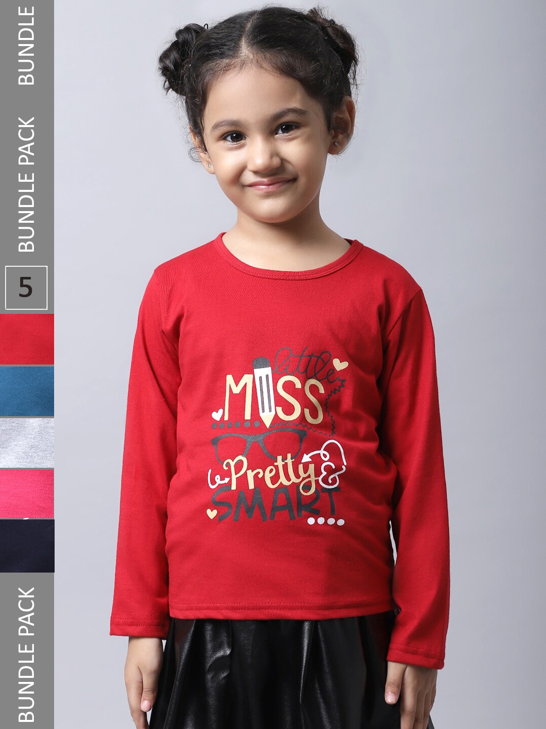 BAESD Girls Pack Of 5 Graphic Printed Cotton T-shirt, Red