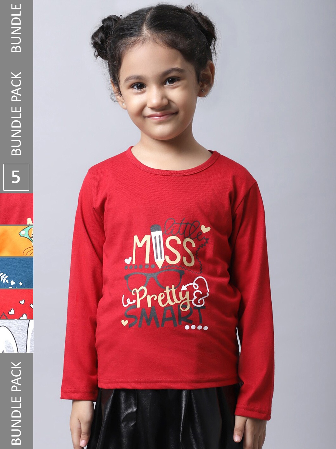 

BAESD Girls Pack Of 5 Graphic Printed Long Sleeve Pure Cotton T-shirt, Red