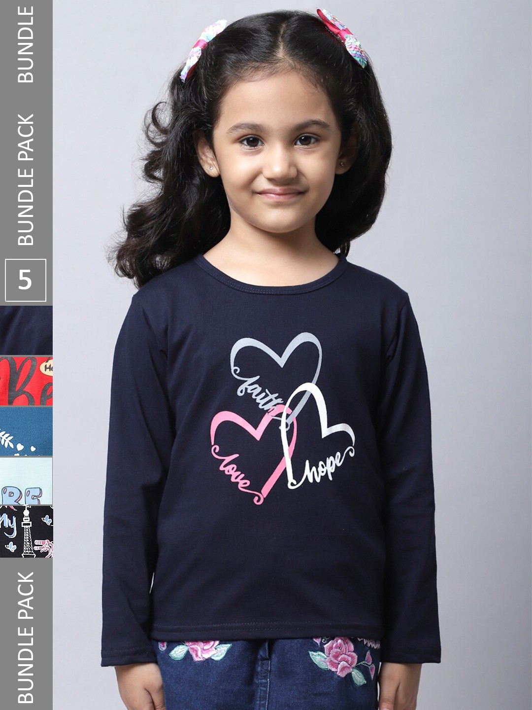 

BAESD Girls Pack Of 5 Printed Cotton T-shirt, Navy blue