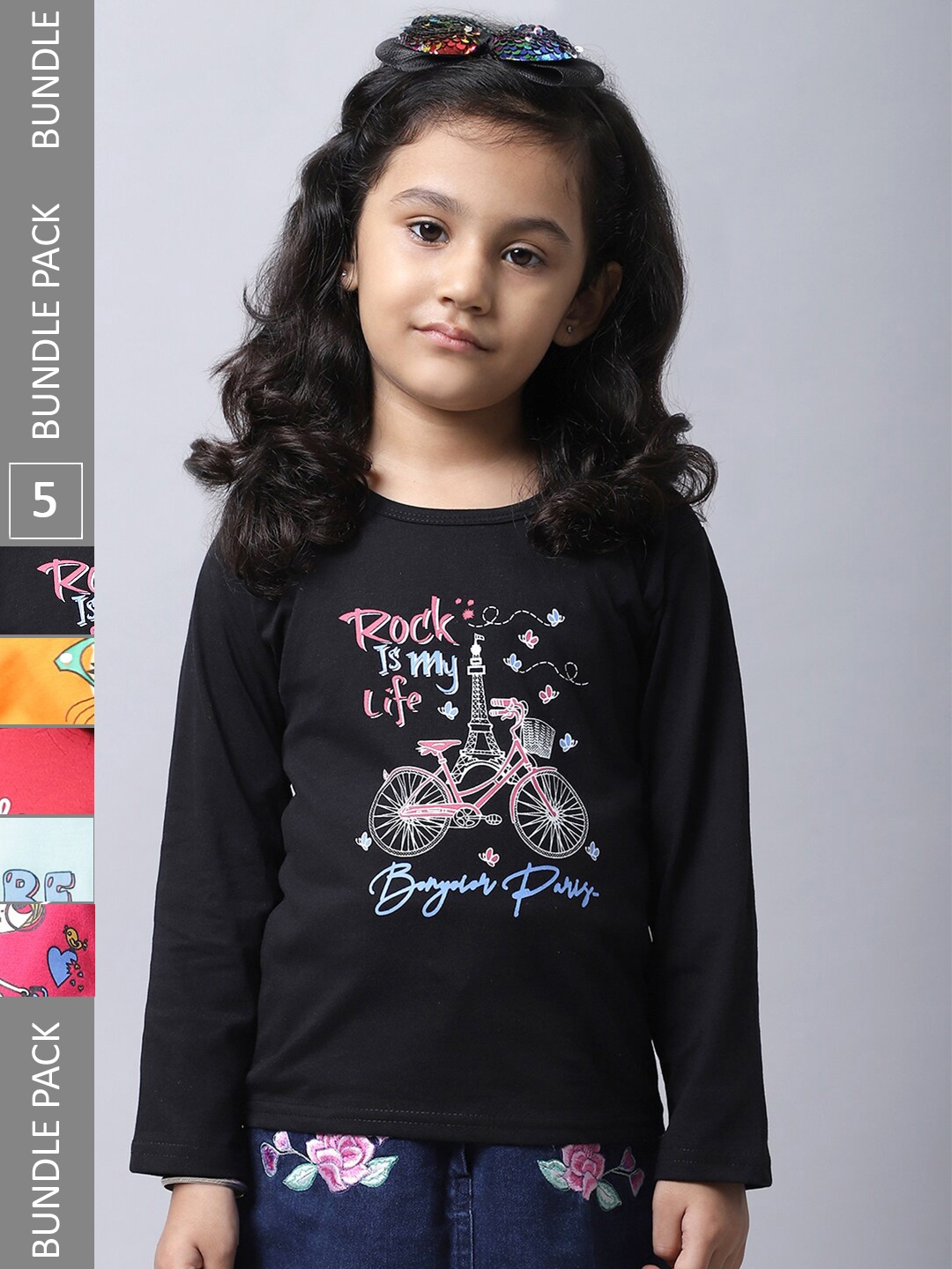 BAESD Girls Pack of 5 Graphic Printed Cotton T-shirt, Black