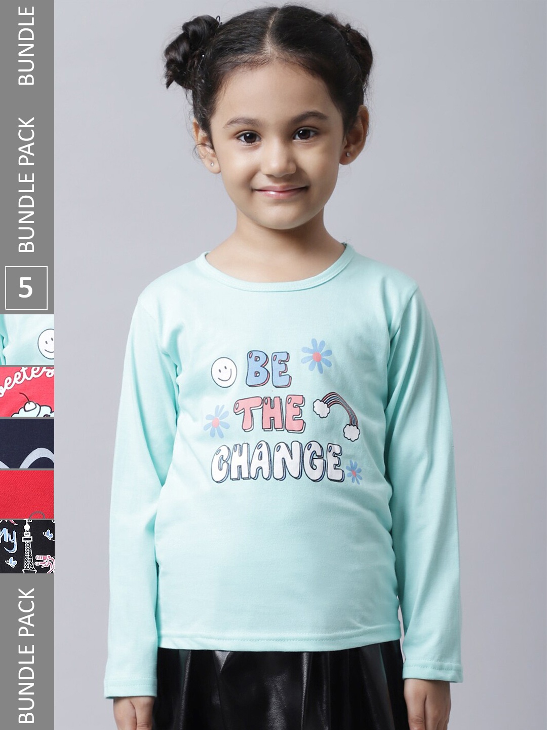 

BAESD Girls Pack of 5 Typography Printed Cotton T-shirts, Blue