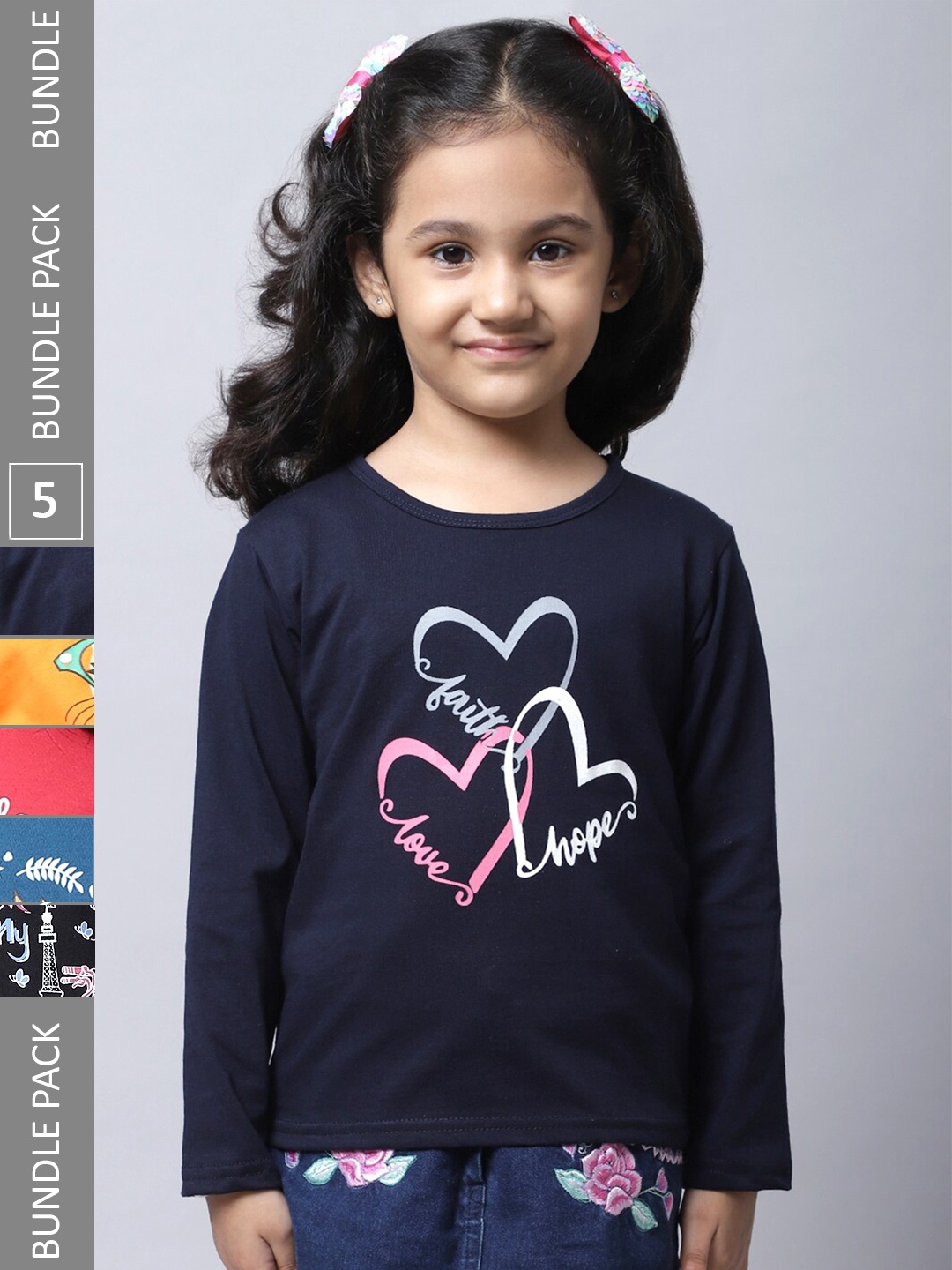 

BAESD Girls Pack Of 5 Graphic Printed Long Sleeves Cotton T-shirt, Navy blue