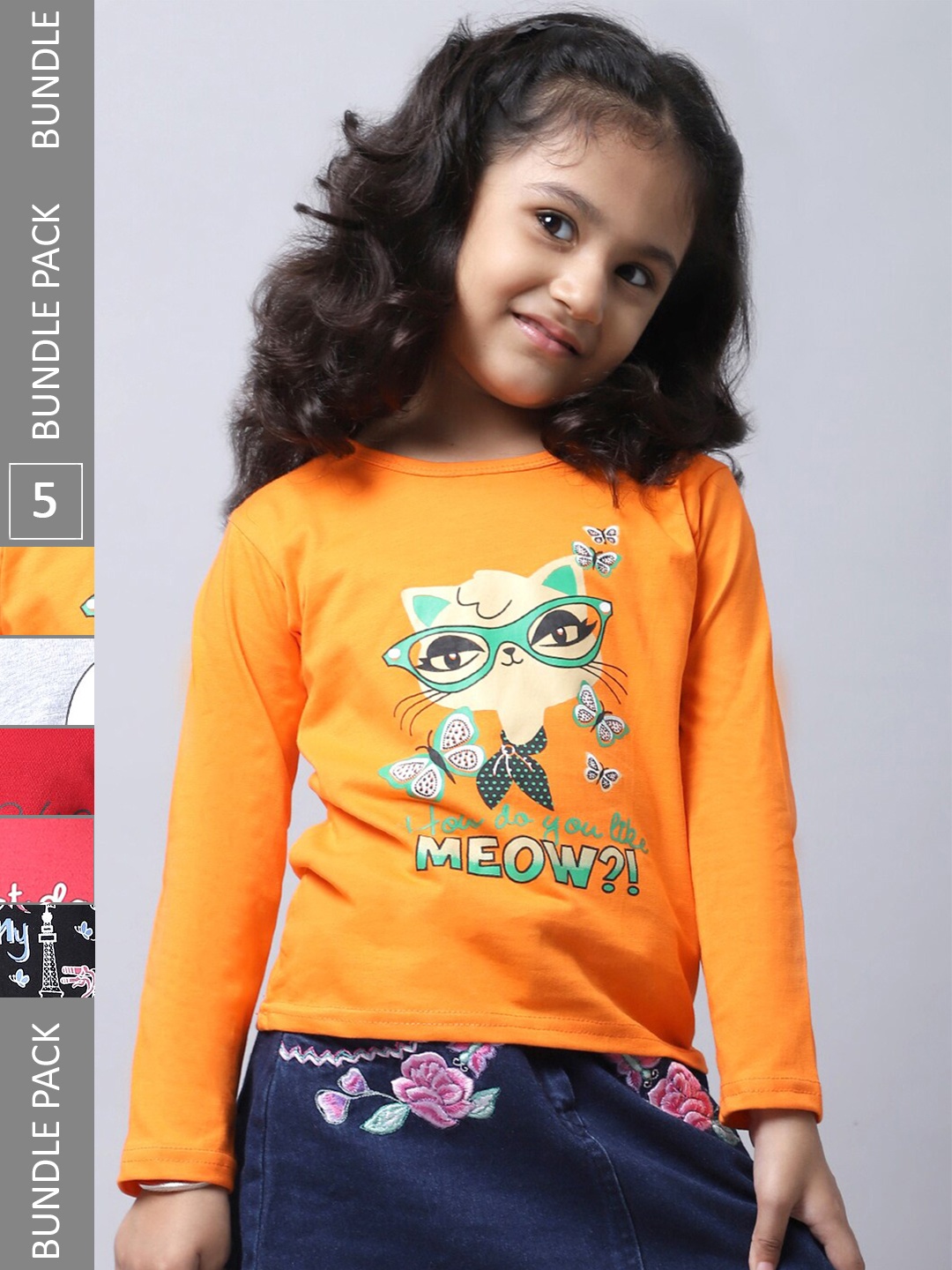 

BAESD Girls Pack of 5 Graphic Printed Cotton T-shirts, Mustard