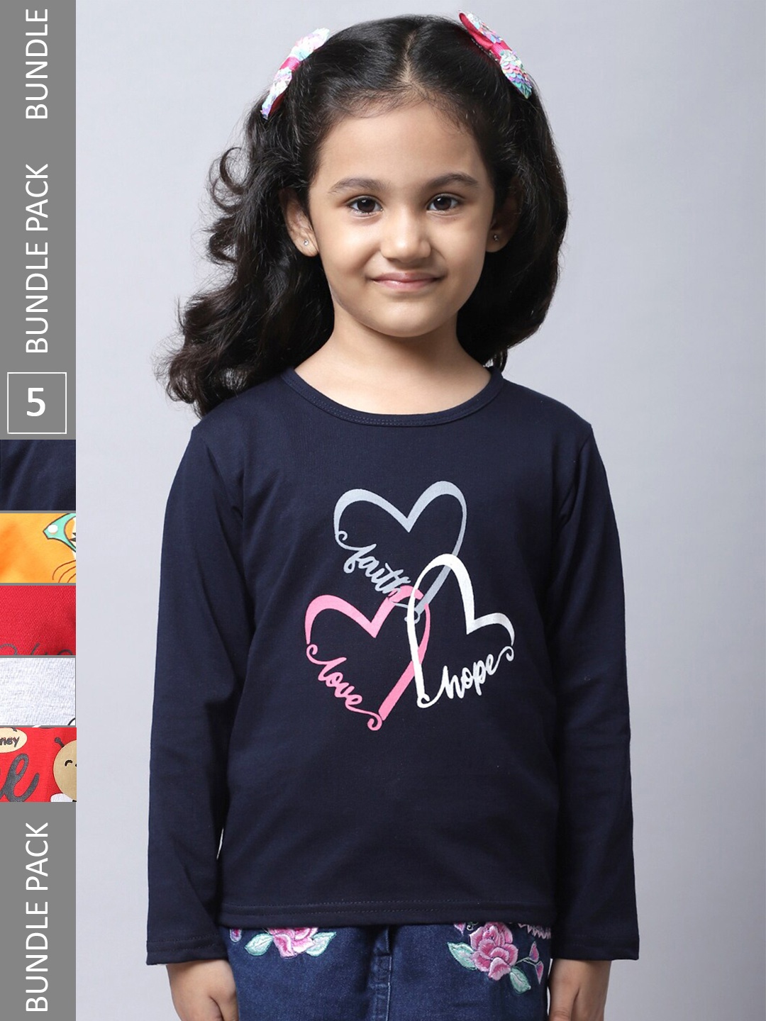 

BAESD Girls Pack Of 5 Graphic Printed Cotton T-shirt, Navy blue