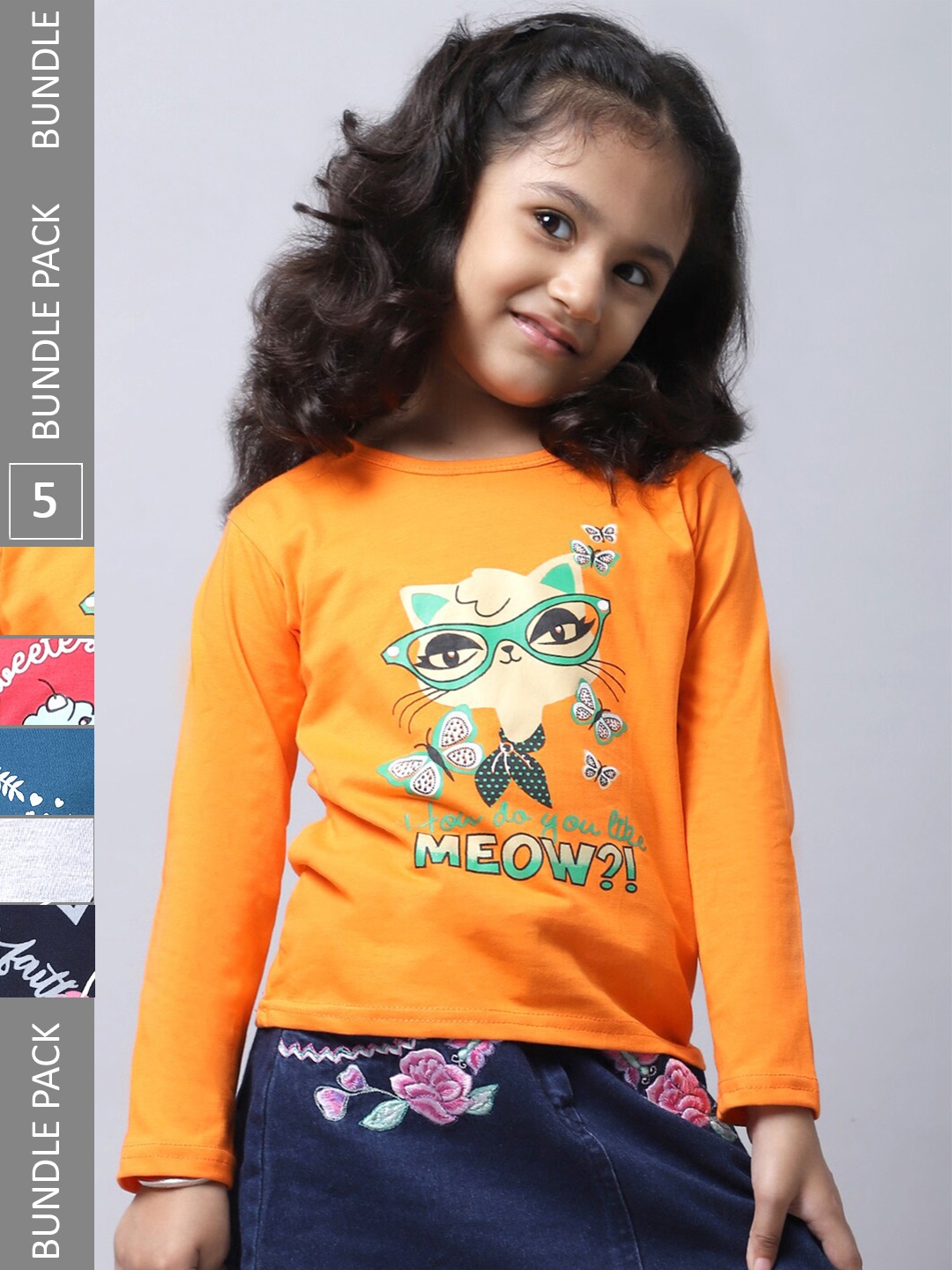 

BAESD Girls Pack Of 5 Graphic Printed Cotton T-shirt, Yellow