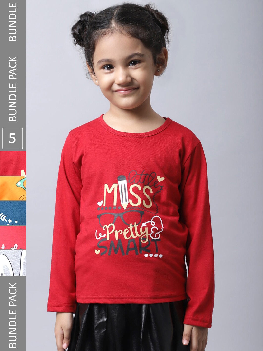

BAESD Girls Pack Of 5 Graphic Printed Cotton T-shirt, Red