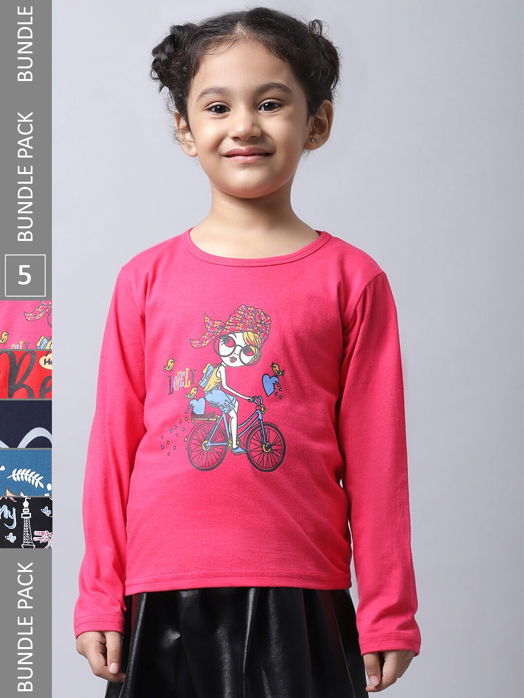 

BAESD Girls Pack Of 5 Printed Cotton T-shirt, Pink