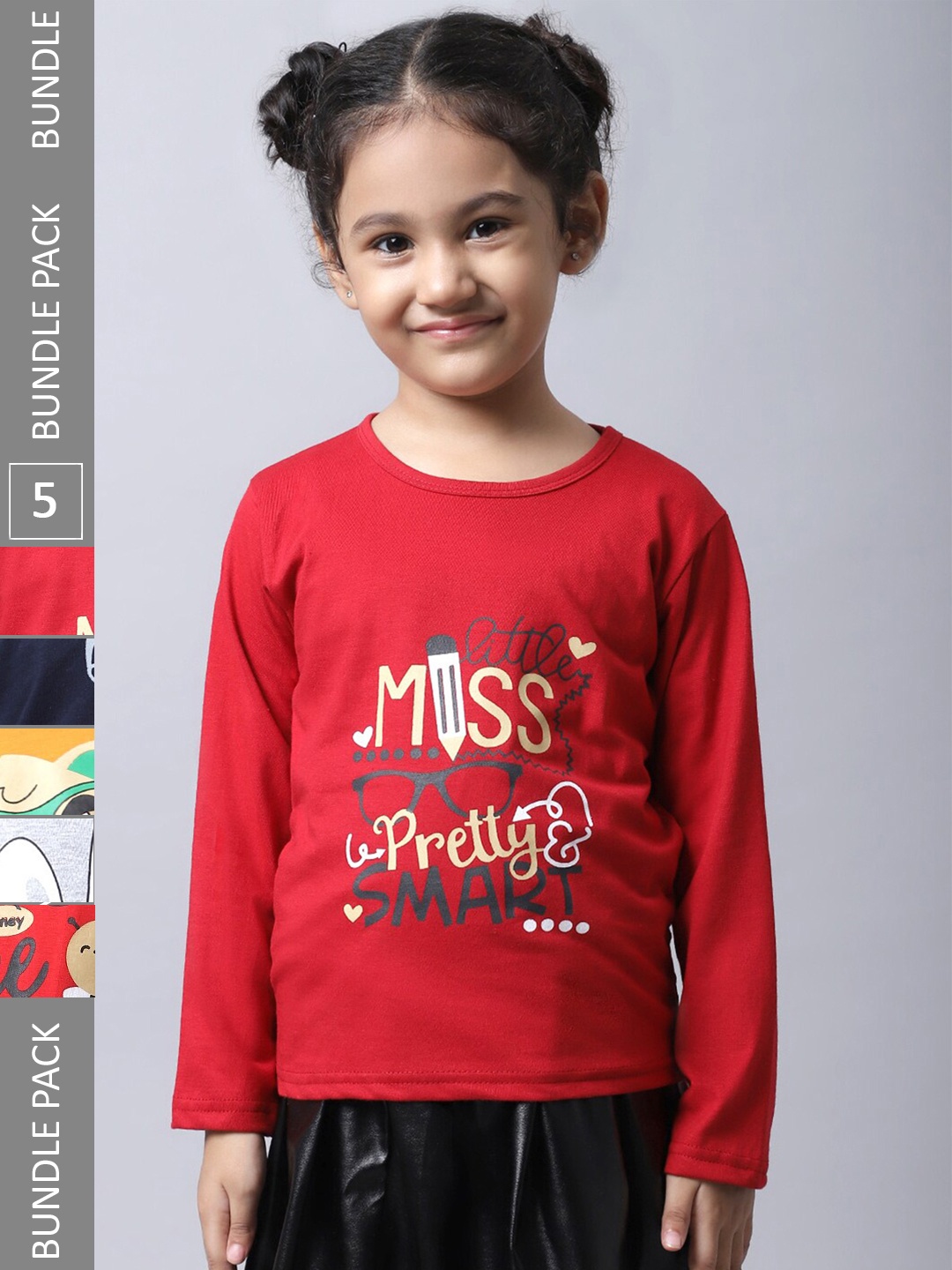 

BAESD Girls Pack Of 5 Graphic Printed Cotton T-shirt, Red