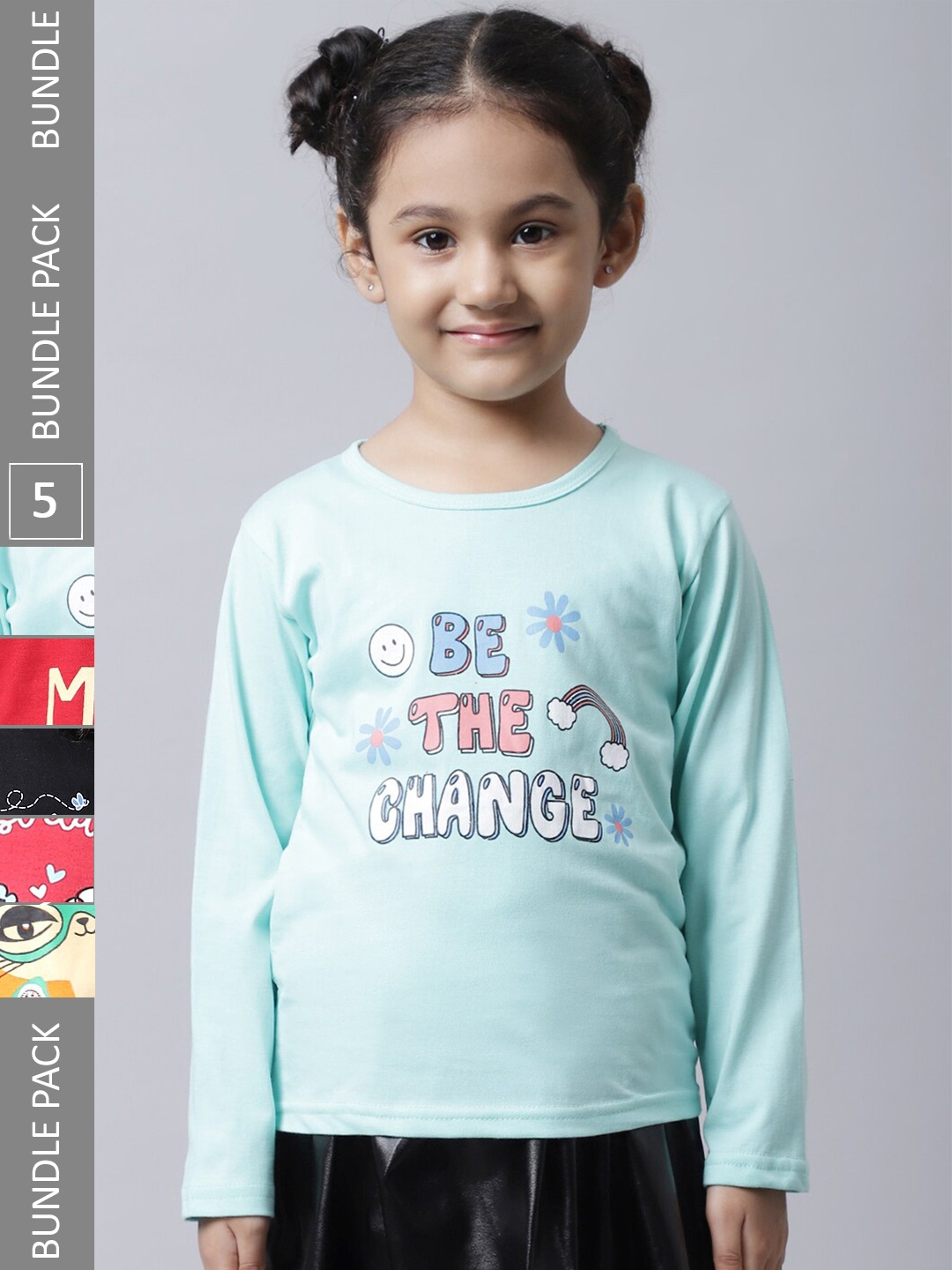 

BAESD Girls Pack Of 5 Graphic Printed Cotton T-shirt, Turquoise blue