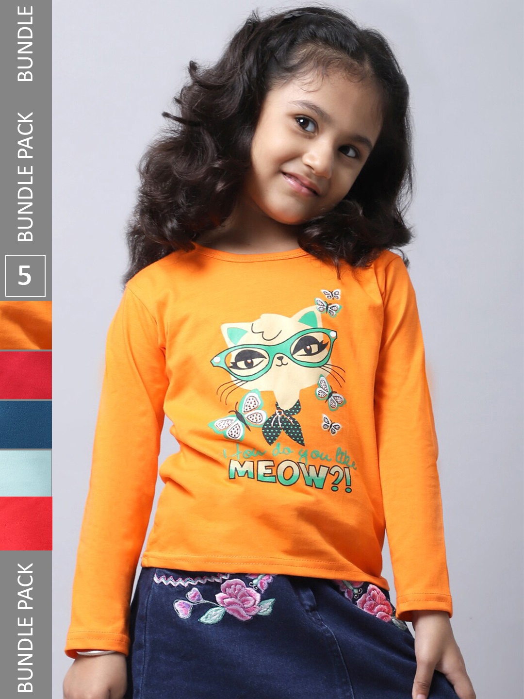 BAESD Girls Pack Of 5 Graphic Printed Cotton T-shirt, Yellow