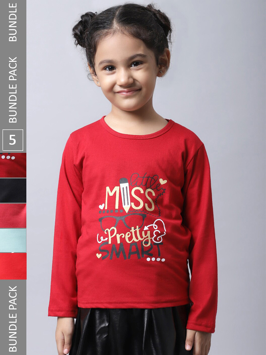 

BAESD Girls Pack Of 5 Graphic Printed Long Sleeve Pure Cotton T-shirt, Red