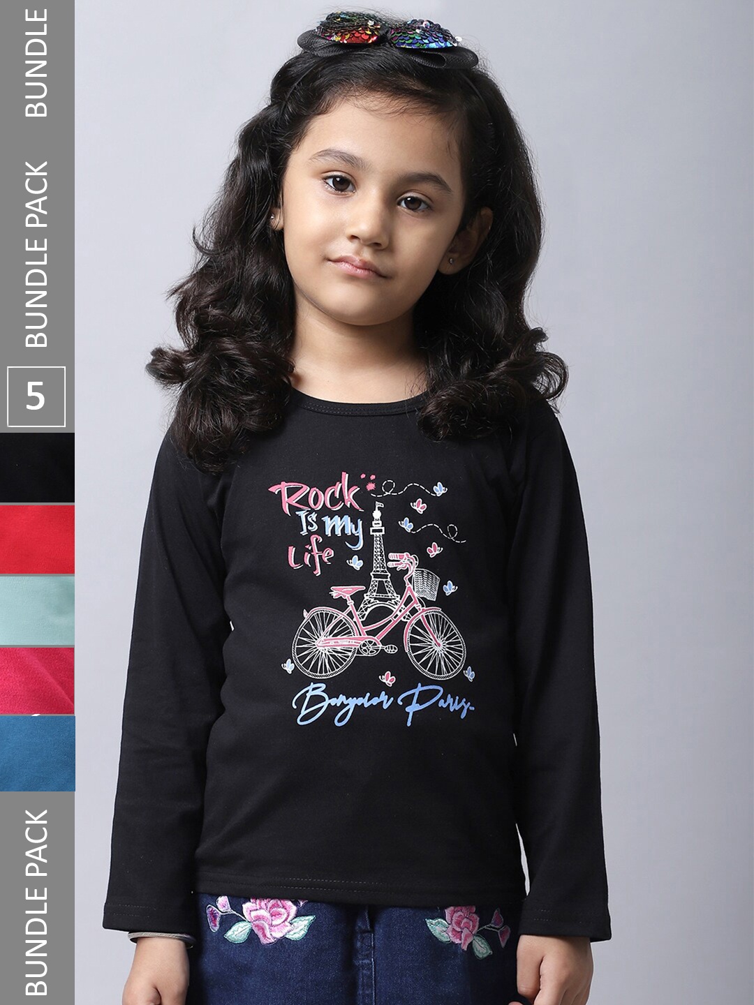 

BAESD Girls Pack Of 5 Graphic Printed Long Sleeves Pure Cotton T-shirt, Black