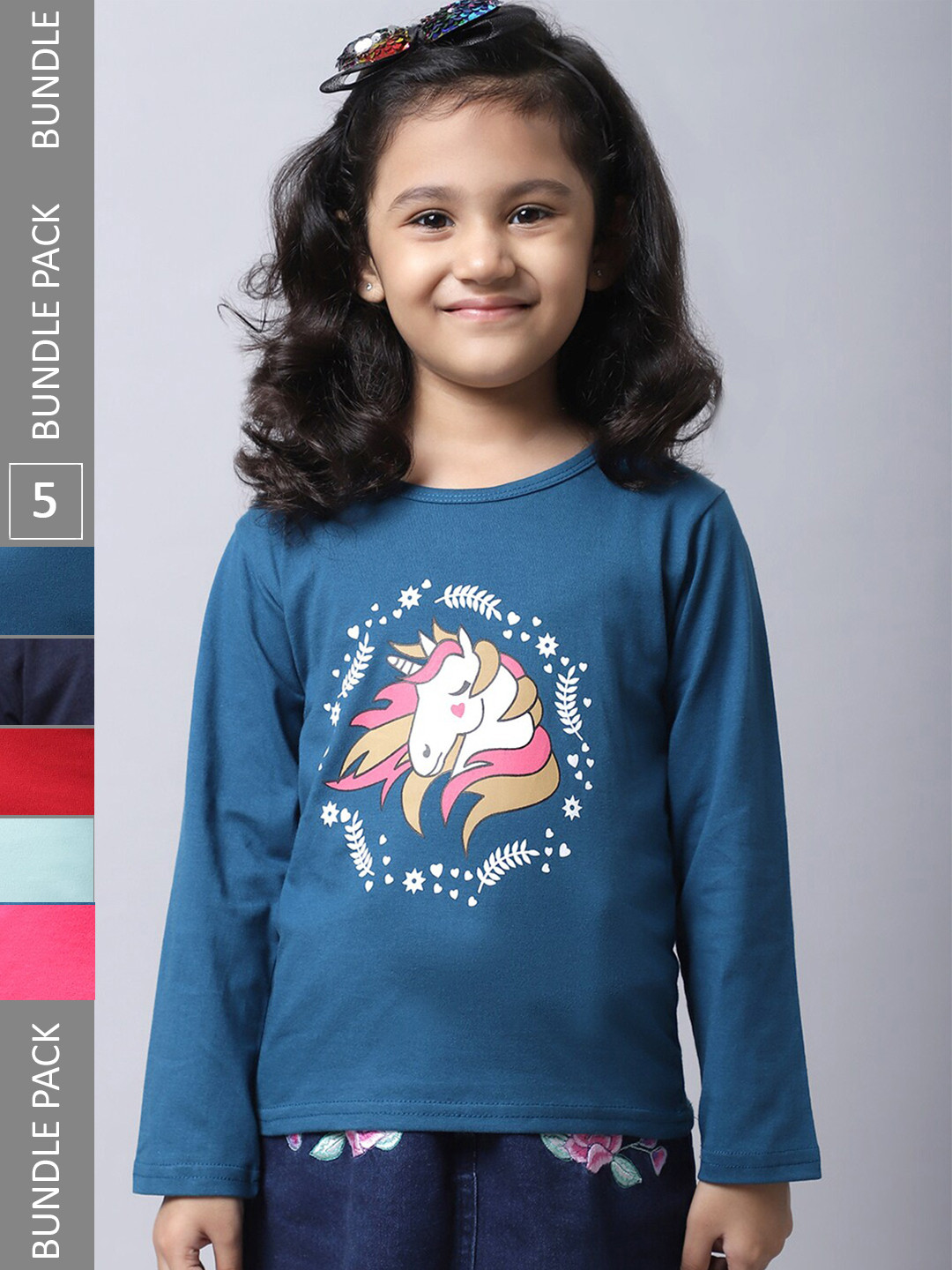 

BAESD Girls Pack Of 5 Graphic Printed Cotton T-shirt, Teal