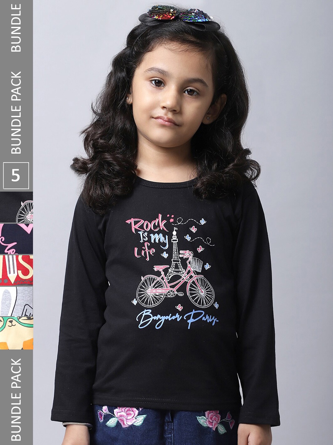 

BAESD Girls Pack Of 5 Graphic Printed Long Sleeve Pure Cotton T-shirt, Black