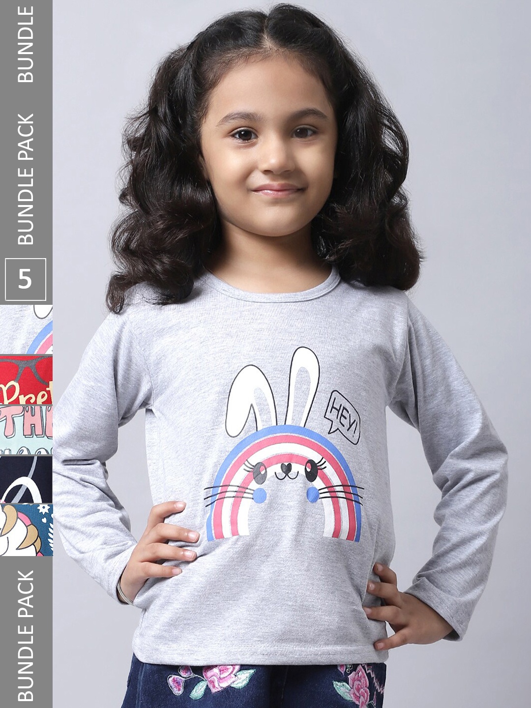 

BAESD Girls Pack of 5 Graphic Printed Cotton T-shirts, Grey