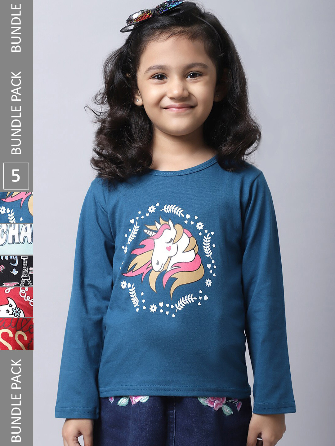 

BAESD Girls Pack Of 5 Graphic Printed Cotton T-shirt, Teal