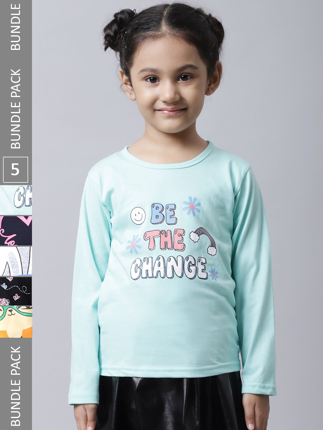 

BAESD Girls Pack Of 5 Printed Cotton T-shirts, Sea green