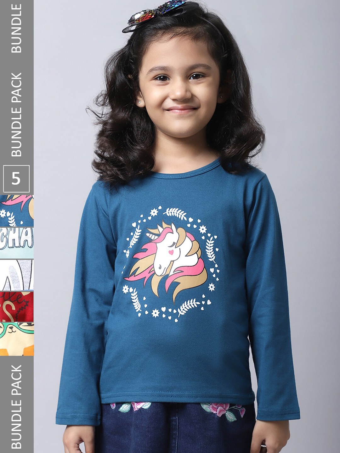

BAESD Girls Pack of 5 Graphic Printed Cotton T-shirts, Blue